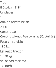 Tipo Elctrica - B' B'  Unidades 1 Ao de construccin  2000 Constructor Construcciones Ferroviarias (Castelln)  Peso en servicio  180 kg.  Esfuerzo tractor  1.500 kg.  Velocidad mxima  15 km/h