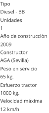 Tipo Diesel - BB  Unidades 1 Ao de construccin  2009 Constructor AGA (Sevilla)  Peso en servicio  65 kg.  Esfuerzo tractor  1000 kg.  Velocidad mxima  12 km/h