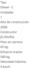 Tipo Diesel - C  Unidades 1 Ao de construccin  2008 Constructor JS (Sevilla)  Peso en servicio  65 kg.  Esfuerzo tractor  500 kg.  Velocidad mxima  9 km/h