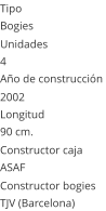 Tipo Bogies Unidades 4 Ao de construccin  2002 Longitud 90 cm.  Constructor caja  ASAF Constructor bogies  TJV (Barcelona)