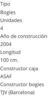 Tipo Bogies Unidades 4 Ao de construccin  2004 Longitud 100 cm.  Constructor caja  ASAF Constructor bogies  TJV (Barcelona)